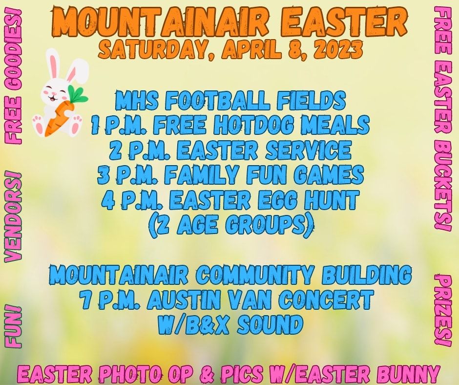 Image with details regarding Easter Celebration Events on April 8, 2023; those details are typed below for accessibility.