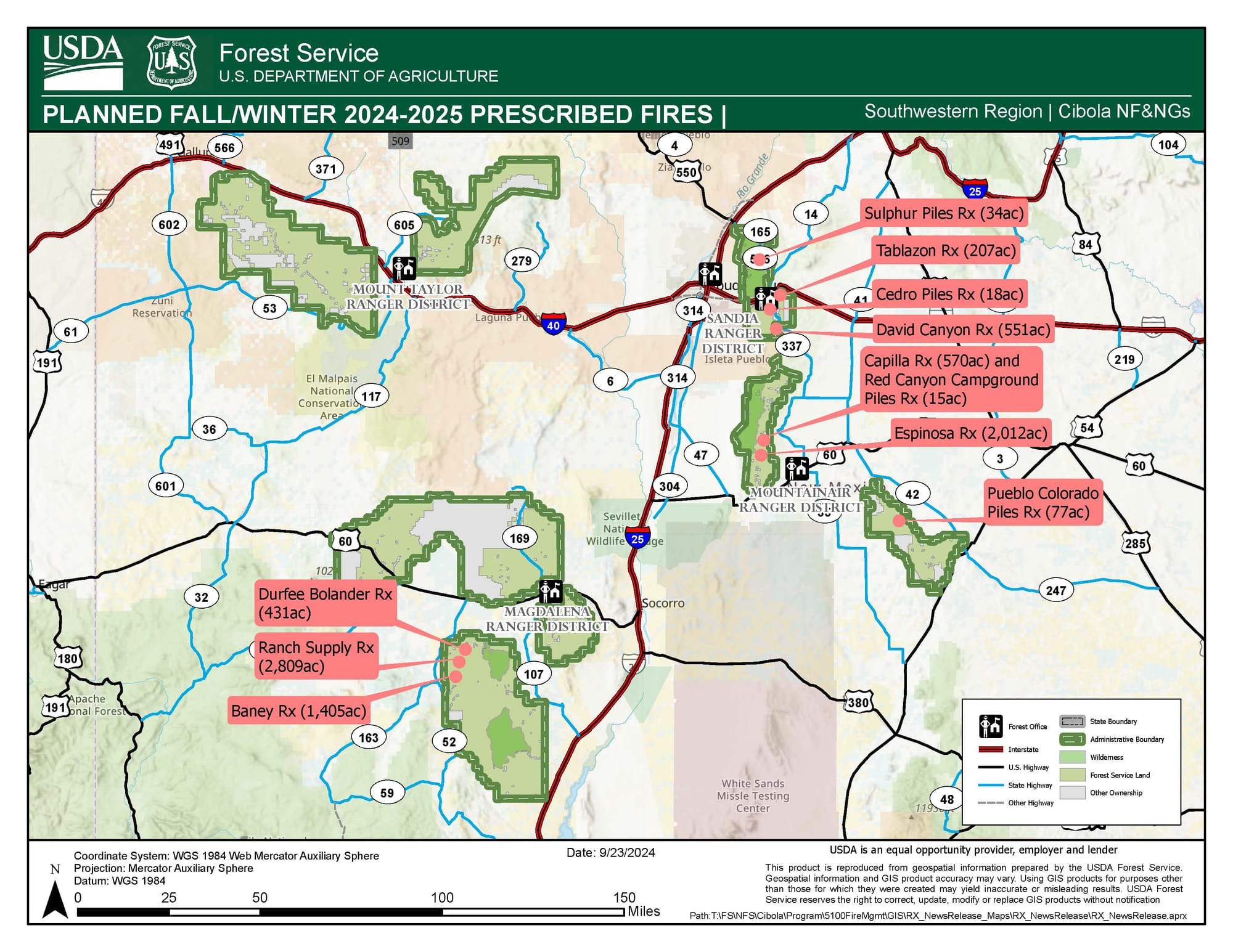 USDA, USFS, Southwestern Region, Cibola NF & NGs Planned Fall/Winter 2024-2025 Prescribed Fires Map